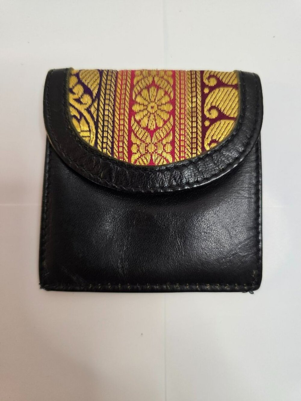 Leather Mini Coin Purse Black Ethnic Embellished Red Gold Emroidery Snap Closure
